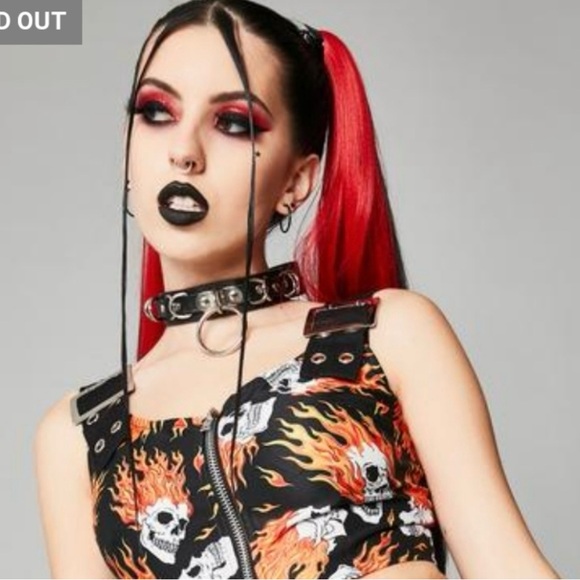 NWT Dolls Kill Widow Flaming Flame Skulls Crop Top Size L - Picture 6 of 6